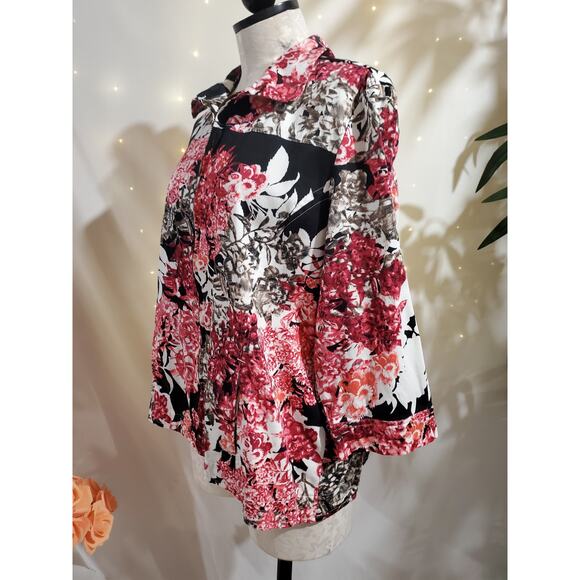 Chicos Womens Floral 3/4 Sleeve Zip Jacket Size 2 US L 12 Lightweight Pockets - Picture 2 of 11